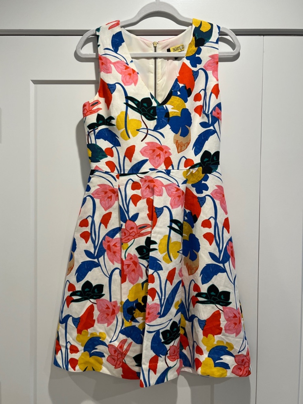 J. Crew Linen White Floral Fit-and-Flare Dress with Pink, Blue & Yellow Print